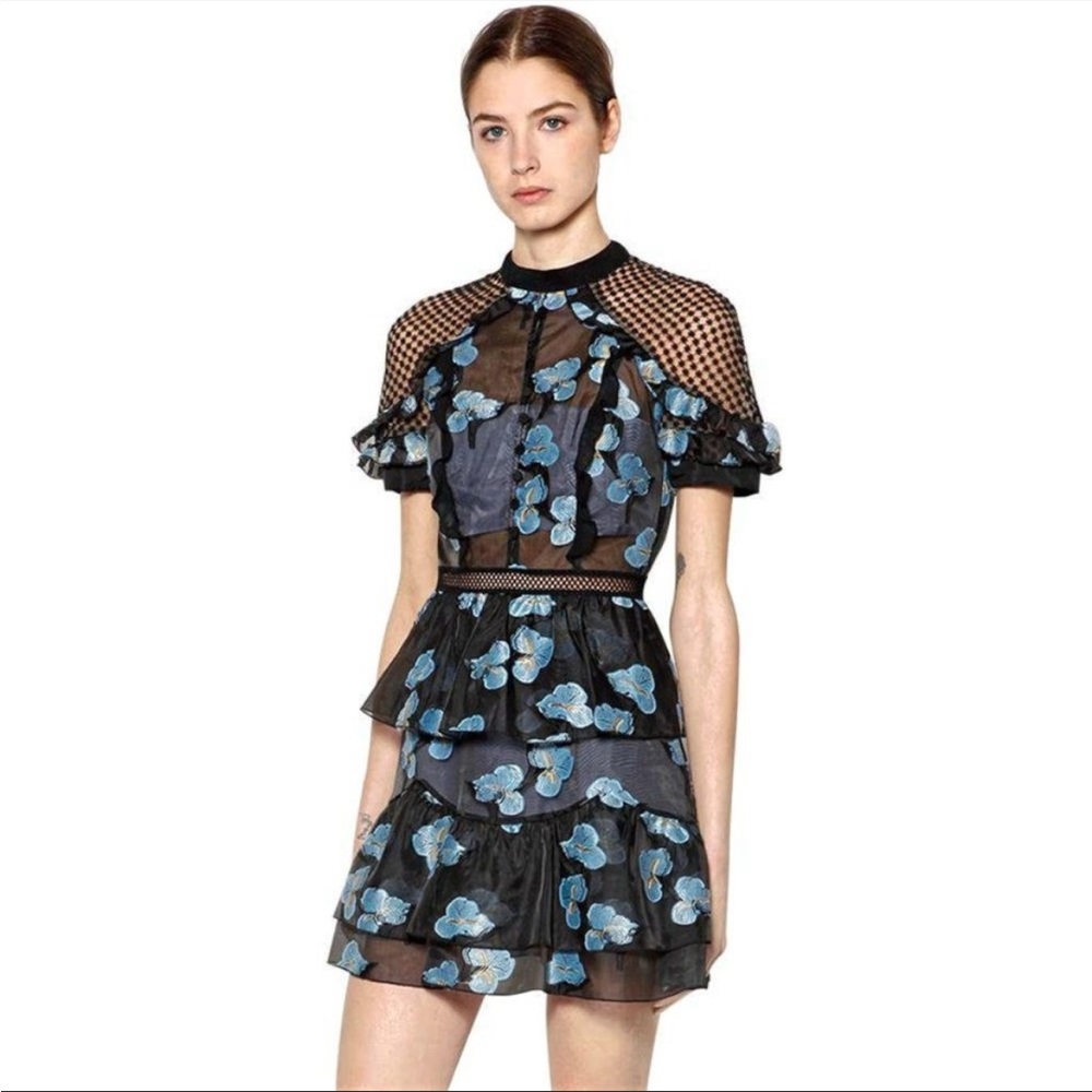 Self Portrait Black Blue Embroidered Flower Fil Coupe Ruffle Mini Dress